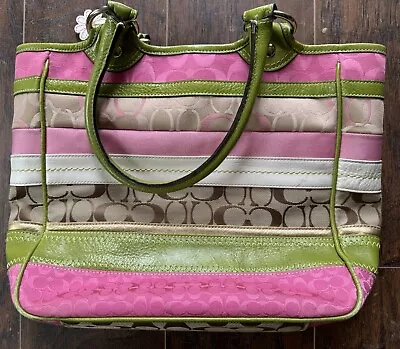 COACH Striped Shoulder Tote Bag / Purse F14726 Khaki Lime Green & Pink Bleecker • $35