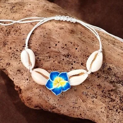 Cowrie Shell Bracelet Flower Bracelet Blue Flower Charm Bracelet Gift Bag Inc • £4