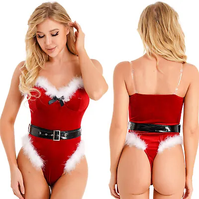 US Womes Xmas Mrs Santa Claus Costume Christmas Velvet Sleeveless Teddy Bodysuit • $5.63