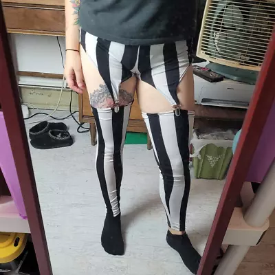 Sexy Love Culture Suspender Leggings Black White Striped Beetlejuice Small • $34.99