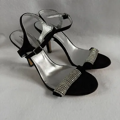 Jane Shilton Sandals Size 5 Black  Suede Stiletto Swarovski Crystal Decoration • £25