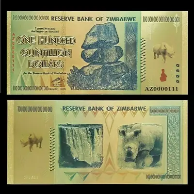 Zimbabwe: 1 X 100 Million Trillion Dollars Gold Foil Banknote (100 Quintillion.) • £2.25