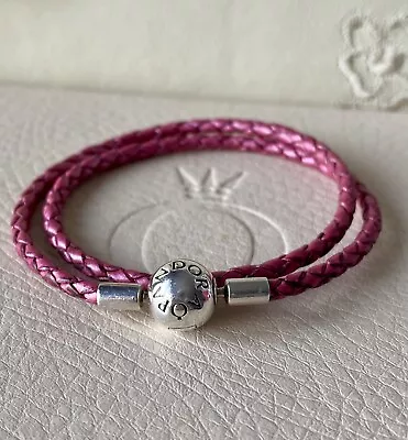 Genuine Pandora Pink Leather Double Bracelet  Ball Silver Clasp 34cm (size 17cm) • £23