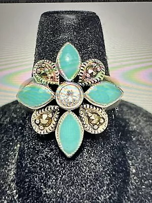 Sterlinng Silver Marcasite Turquoise & Cubic Zirconia Cocktail Ring Sz 6.75 • $34.95