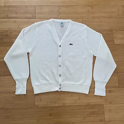VTG Izod Lacoste Cardigan Sweater White Cream Grandpa Acrylic 80s Mens Medium • $36.99