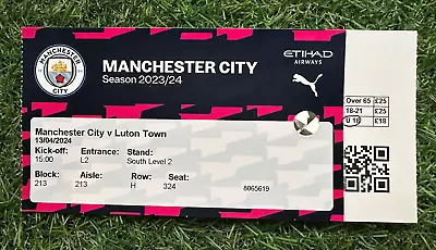 Manchester City V Luton Town - Saturday 13th April 2024 - Premier League Ticket • £4.99
