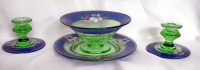 4 Pc. Hand Painted Vaseline Art Glass Entry Set: Plate Comport Candlesticks • $77.97