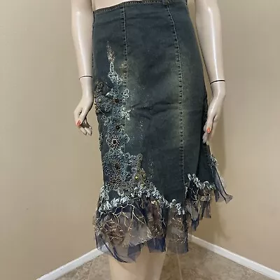 Blue Denim Gold Bead Embroidery Lace Boho Asymmetric Zip Size S(4-6) Skirt 9002 • $30