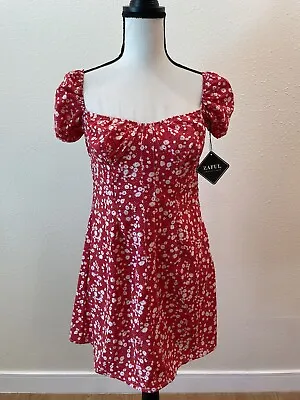 NEW ZAFUL Ditsy Floral Puffed Sleeve Mini Red Dress Large • $21