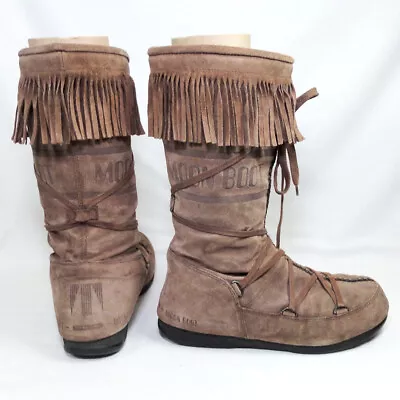 Vintage Tecnica Moon Boots Women's Apres Ski Size 9 Brown Suede W Fringe • $112