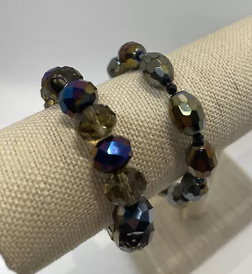 Pair Vintage Peacock & Brown Aurora Borealis Crystal Faceted Bracelets Stretch • $19.75