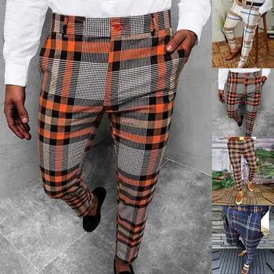 Men Casual Plaid Check Dress Pants Slim Fit Skinny Business Formal Long Trousers • $22.99