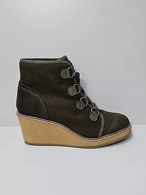 Merona Lorelle Boots Women's 10 Olive Green Wool Faux Fur Wedge Hiker Shoes • $24.95