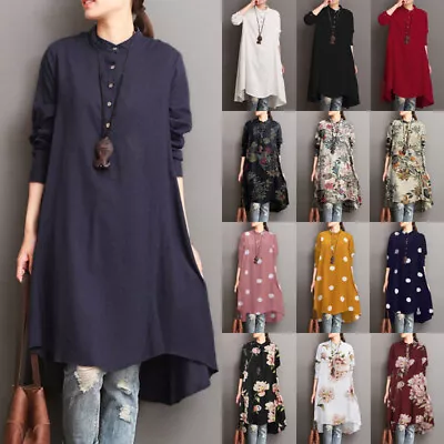 8-24 Womens Long Sleeve Casual Loose Tunic Solid Cotton Baggy Tops Shirts Dress • £12.25