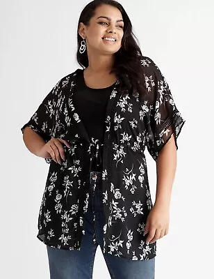 Beme Kimono Plus Size L 24 Cover-Up Top Black White Tie Waist Floral RP$90 NEW • $28.19