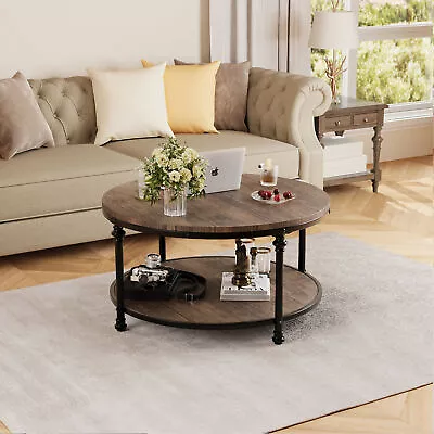 2-Tier Round Coffee Table Rustic Accent Center Wood Table With Storage Shelf • $94.99