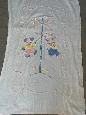 Vintage Chenille Child's Bed Spread Baby Crib Blanket White/Pastel Bear Kitty • $20