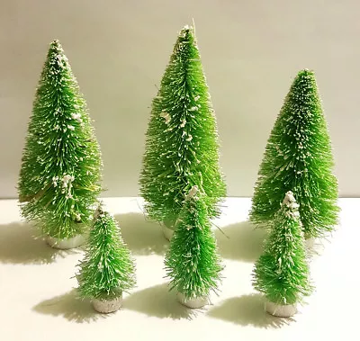 6 Mini LIGHT GREEN Miniature Sisal Bottle Brush Christmas Trees Snow Village • $13.59