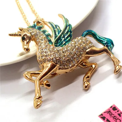 $4.13 • Buy New Fashion Women Green Enamel Pegasus Unicorn Crystal Pendant Chain Necklace