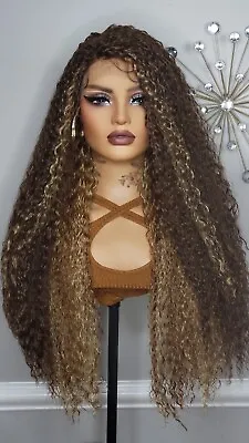 New Extra Long Curly Big Hair Deep Wave Lace Front Wig Brown & Blonde Highlights • $55.99