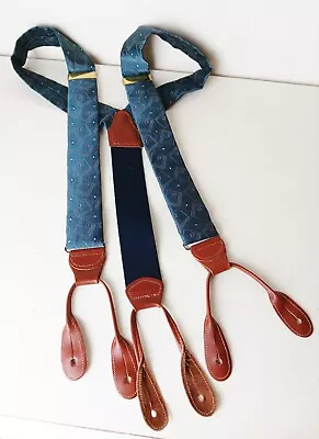 Vintage Men's Blue Geometric Design Fabric Suspenders Leather Button USA • $22.95