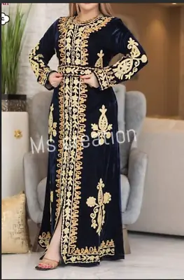 New Velvet Moroccan Dubai Kaftans Blue Abaya Farasha Dress Very Fancy Long Gown • $63.59