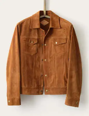 Men's Real Suede Leather Trucker Jacket Fashion Biker Retro Buttoned Coat • $129.99