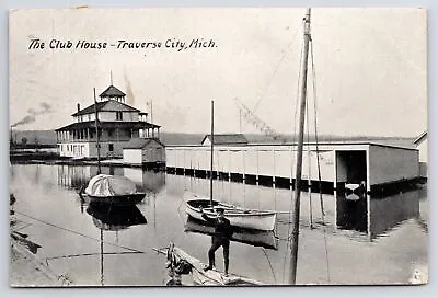 Traverse City Michigan~Club House~Boats In Water~1907 B&W Postcard • $12