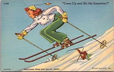 Vintage 1939 SUN VALLEY Idaho LINEN Postcard  Come Up And Ski Me Some Time  • $8.88