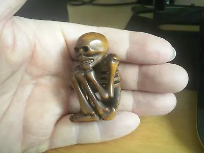 1a.. Hand Carved Wood Netsuke Skeleton Sits With Knees Up Boxwood Figure • £29.99