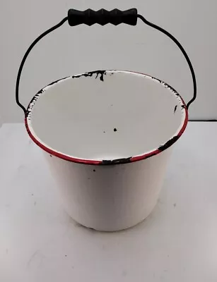 Vtg Enamel Bucket 9  White /Red Trim Primitive  Rustic  . Estate Sale. No Lid • $28.79