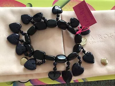 Blue Goldstone Hearts & Black Agate Nugget Lola Rose Bracelet With Pouch • £25