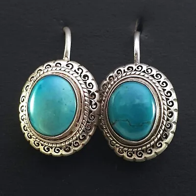 Old 925 Sterling Silver Turquoise Stone Nepal Tibetan Antique Earrings Vintage • $96