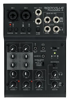 Rockville RockMix 4 Channel Mic/Instrument Pro Recording Mixer+USB Interface/EQ • $59.95