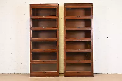 Vintage Arts & Crafts Mahogany Large Six-Stack Barrister Bookcases Pair • $6995