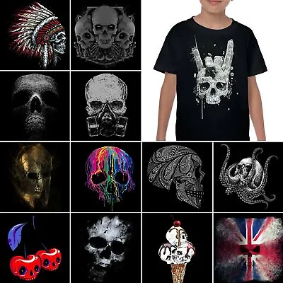 Kids Skull T-Shirt Boys Girls Childrens Biker Viking Grim Reaper Gym Rock N Roll • £8.99