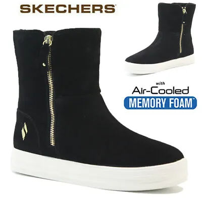 £34.95 • Buy Ladies New Skechers Memory Foam Boots Warm Fur Biker Winter Ankle Zip Shoes Size