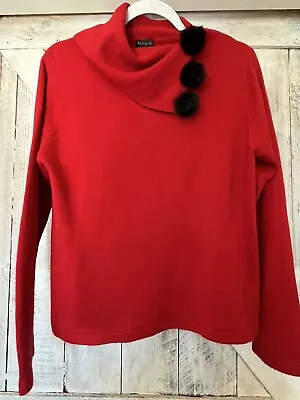 VTG Tally Ho Red & Black Fur Pom Pom Cowl Neck Sweater Mid Weight Size Medium • $16.95