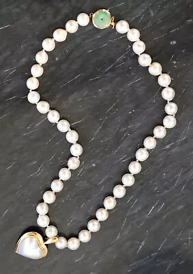 14 KT Heart-shaped Mabe Pearl Pendant Cultured Pearls Necklace & Jadeite Clasp • $3500