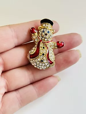 Snowman Pin Brooch VTG FROSTY Signed Monet Crystal Rhinestone Glitzy Rare Hat • $25