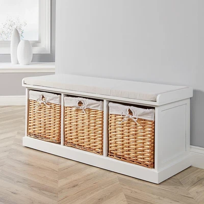 £109.99 • Buy White Wooden Hallway Shoe Storage Bench Chest Wicker Basket Cushion Padded Seat