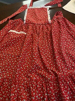 Vintage 70s Pinafore Christmas Full Bib Calico Cotton Apron White Eyelet Ruffle • $12.99