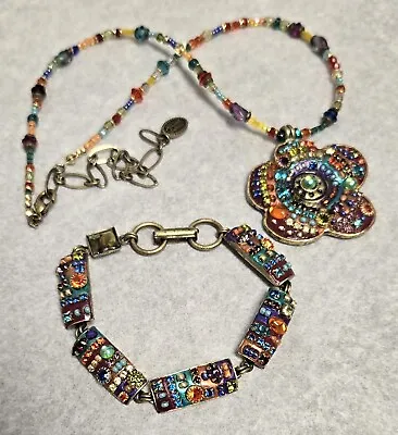 Beautiful Michal Golan Multicolor Beads  Flower Pendant Necklace + Bracelet  Lot • $82