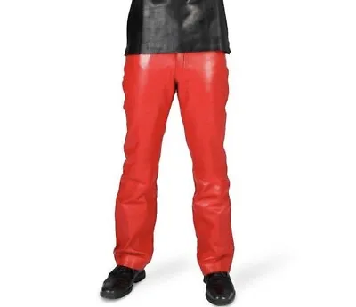 Mens GENUINE COW LEATHER Jeans Style 5 Pocket Motorbike Red Pants Short Laces • $73.79