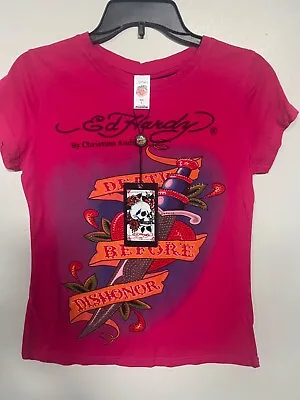 🔥ED HARDY RHINESTONES DEATH BEFORE DISHONOR PINK Women’s T-Shirt SIZE LARGE NWT • £36.62