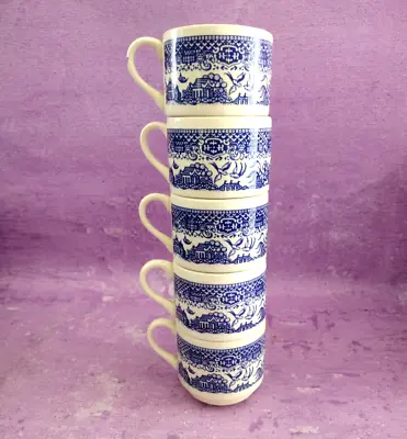 Set Of 5 Vintage Blue Willow Stacking Coffee Cups Mugs Birds White 8 Oz USA • $29.99