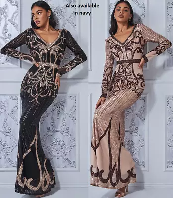 Goddiva Sequin Swirl Maxi Long Sleeve Formal Evening Dress Prom Party RRP £120 • £89.99