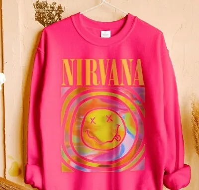 $47 • Buy Nirvana Smiley Face Sweatshirt; Nirvana Aesthetic Pink Rainbow Unisex Sweatshirt