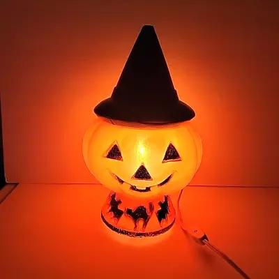 Vintage Bayshore Halloween Blow Mold Lighted Pumpkin With Witch Hat Bats Cat 13  • $101.99