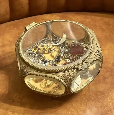 Vintage Gold Ormolu 6-Sided Jewelry Casket Box Lot FILLED Beveled Glass Windows • $100